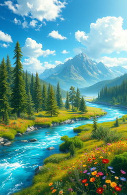 A breathtaking digital painting of a serene river winding through a lush, vibrant landscape