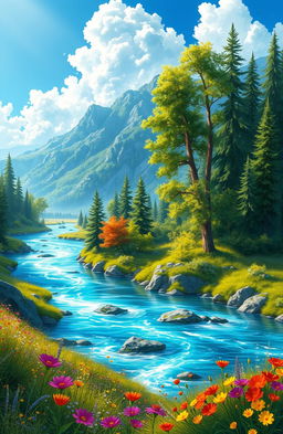 A breathtaking digital painting of a serene river winding through a lush, vibrant landscape