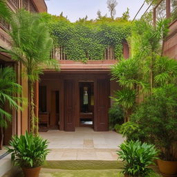 A 4-bedroom house featuring a lush green courtyard, designed with traditional Indian architecture, but furnished with modern furniture.