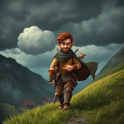 A heroic adventurer with a determined expression, wearing rugged adventurer's attire, walks confidently down a grassy hill