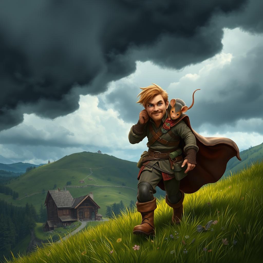 A heroic adventurer with a determined expression, wearing rugged adventurer's attire, walks confidently down a grassy hill