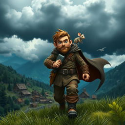 A heroic adventurer with a determined expression, wearing rugged adventurer's attire, walks confidently down a grassy hill