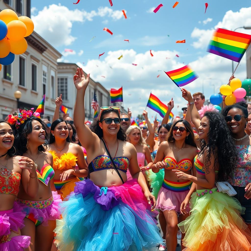A vibrant and colorful LGBTQ pride parade scene, showcasing a diverse crowd of joyful people celebrating love and acceptance