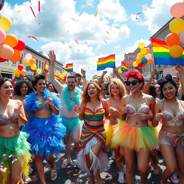 A vibrant and colorful LGBTQ pride parade scene, showcasing a diverse crowd of joyful people celebrating love and acceptance