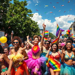 A vibrant and colorful LGBTQ pride parade scene, showcasing a diverse crowd of joyful people celebrating love and acceptance