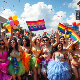 A vibrant and colorful LGBTQ pride parade scene, showcasing a diverse crowd of joyful people celebrating love and acceptance