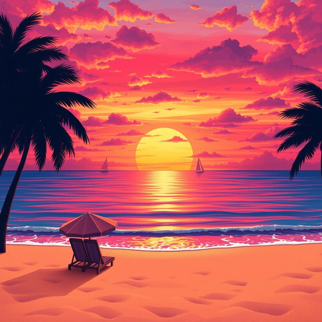 A vibrant and colorful illustration of a majestic sunset over a serene beach, the sky painted in hues of orange, pink, and purple, reflecting on the calm ocean waves