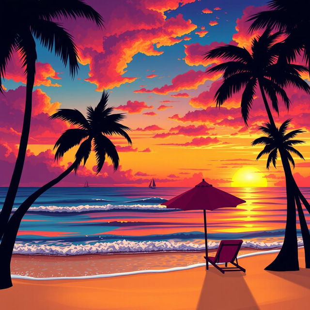 A vibrant and colorful illustration of a majestic sunset over a serene beach, the sky painted in hues of orange, pink, and purple, reflecting on the calm ocean waves