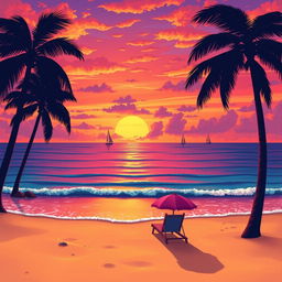 A vibrant and colorful illustration of a majestic sunset over a serene beach, the sky painted in hues of orange, pink, and purple, reflecting on the calm ocean waves