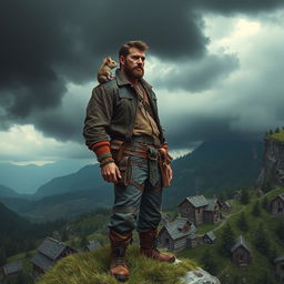 A tall, masculine adventurer with rugged features stands confidently on the edge of a grassy cliff, gazing down at a quaint wooden town nestled below