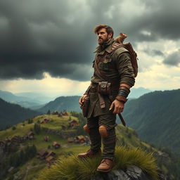 A tall, masculine adventurer with rugged features stands confidently on the edge of a grassy cliff, gazing down at a quaint wooden town nestled below