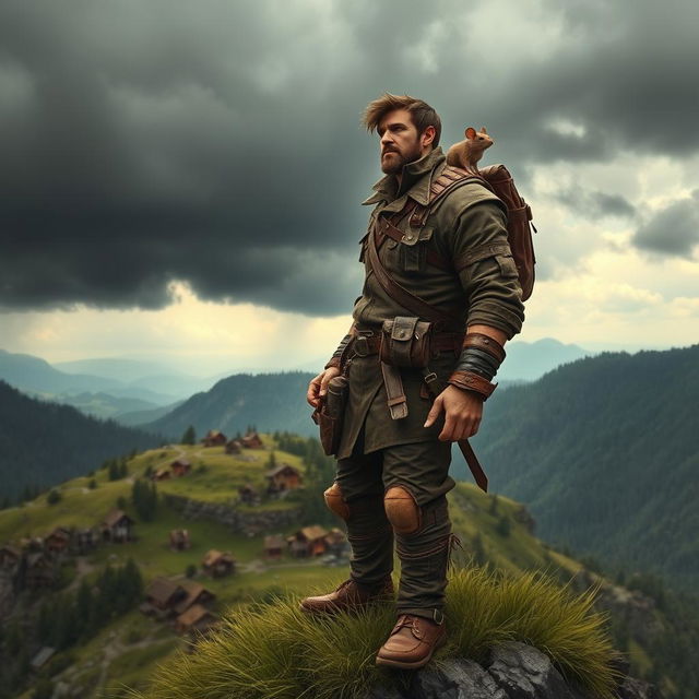 A tall, masculine adventurer with rugged features stands confidently on the edge of a grassy cliff, gazing down at a quaint wooden town nestled below