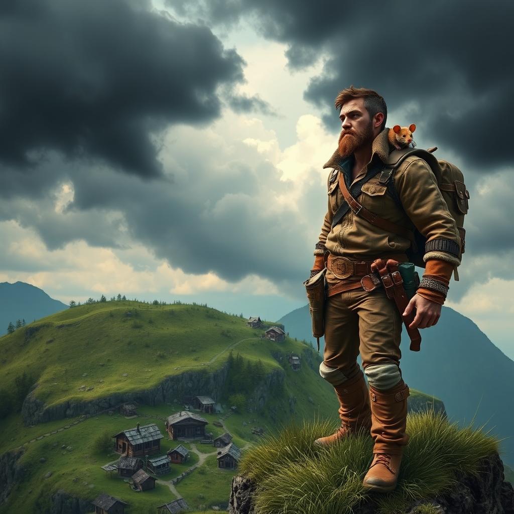 A tall, masculine adventurer with rugged features stands confidently on the edge of a grassy cliff, gazing down at a quaint wooden town nestled below
