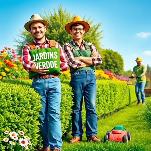 A vibrant banner depicting a cheerful gardener tending to a beautifully manicured hedgerow, with the words "JARDINS - FOLHA VERDE" prominently displayed on their back