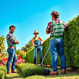 A vibrant banner depicting a cheerful gardener tending to a beautifully manicured hedgerow, with the words "JARDINS - FOLHA VERDE" prominently displayed on their back