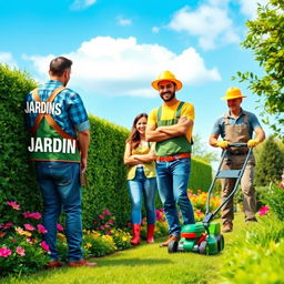 A vibrant banner depicting a cheerful gardener tending to a beautifully manicured hedgerow, with the words "JARDINS - FOLHA VERDE" prominently displayed on their back