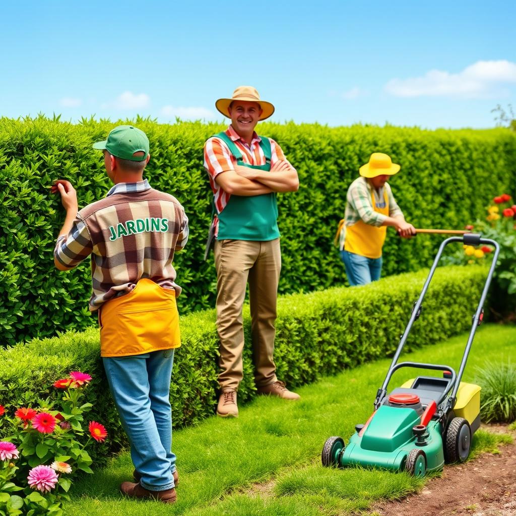 A vibrant banner depicting a cheerful gardener tending to a beautifully manicured hedgerow, with the words "JARDINS - FOLHA VERDE" prominently displayed on their back