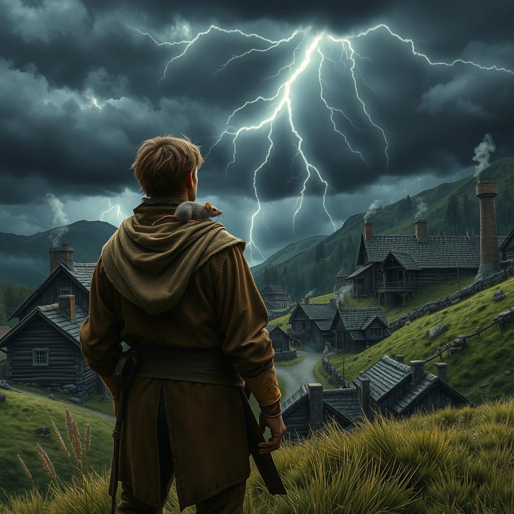 A medieval adventurer standing on a hill, viewed from behind