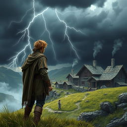 A medieval adventurer standing on a hill, viewed from behind