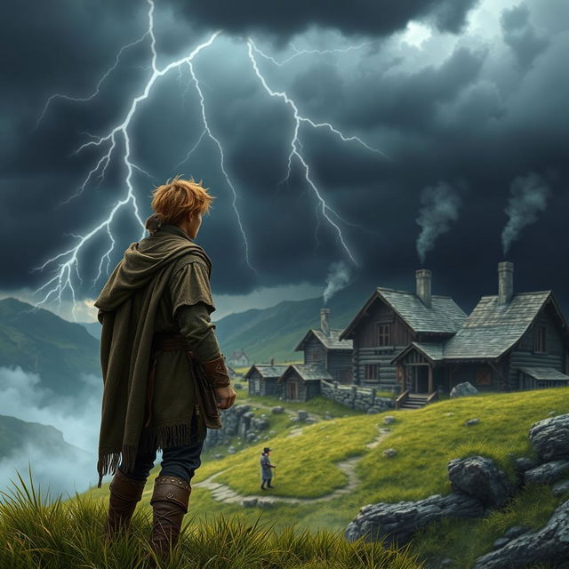 A medieval adventurer standing on a hill, viewed from behind