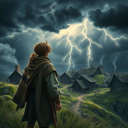 A medieval adventurer standing on a hill, viewed from behind