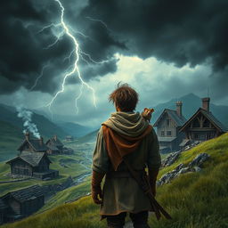 A medieval adventurer standing on a hill, viewed from behind