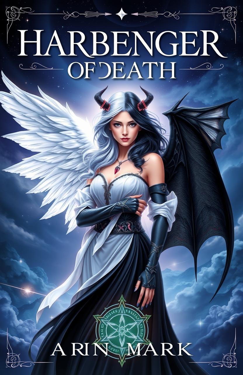 A striking fantasy book cover for a novel titled 'Harbinger of Death: Daughter of Light and Dark'