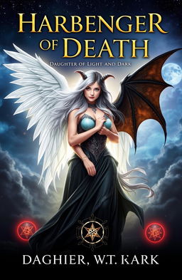 A striking fantasy book cover for a novel titled 'Harbinger of Death: Daughter of Light and Dark'