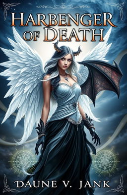 A striking fantasy book cover for a novel titled 'Harbinger of Death: Daughter of Light and Dark'