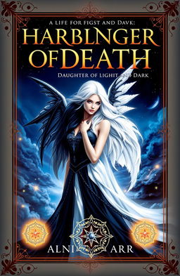 A striking fantasy book cover for a novel titled 'Harbinger of Death: Daughter of Light and Dark'
