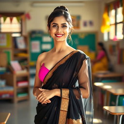 A beautifully dressed female teacher wearing a stylish black saree that elegantly drapes around her body