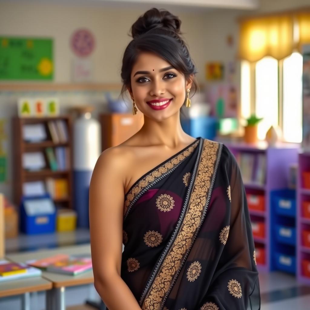 A beautifully dressed female teacher wearing a stylish black saree that elegantly drapes around her body