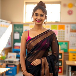 A beautifully dressed female teacher wearing a stylish black saree that elegantly drapes around her body