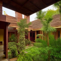 A 4-bedroom house featuring a lush green courtyard, designed with traditional Indian architecture, but furnished with modern furniture.