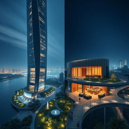 A modern skyscraper with flowing, curved lines prominently positioned beside a river