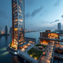 A modern skyscraper with flowing, curved lines prominently positioned beside a river