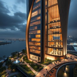 A modern skyscraper with flowing, curved lines prominently positioned beside a river