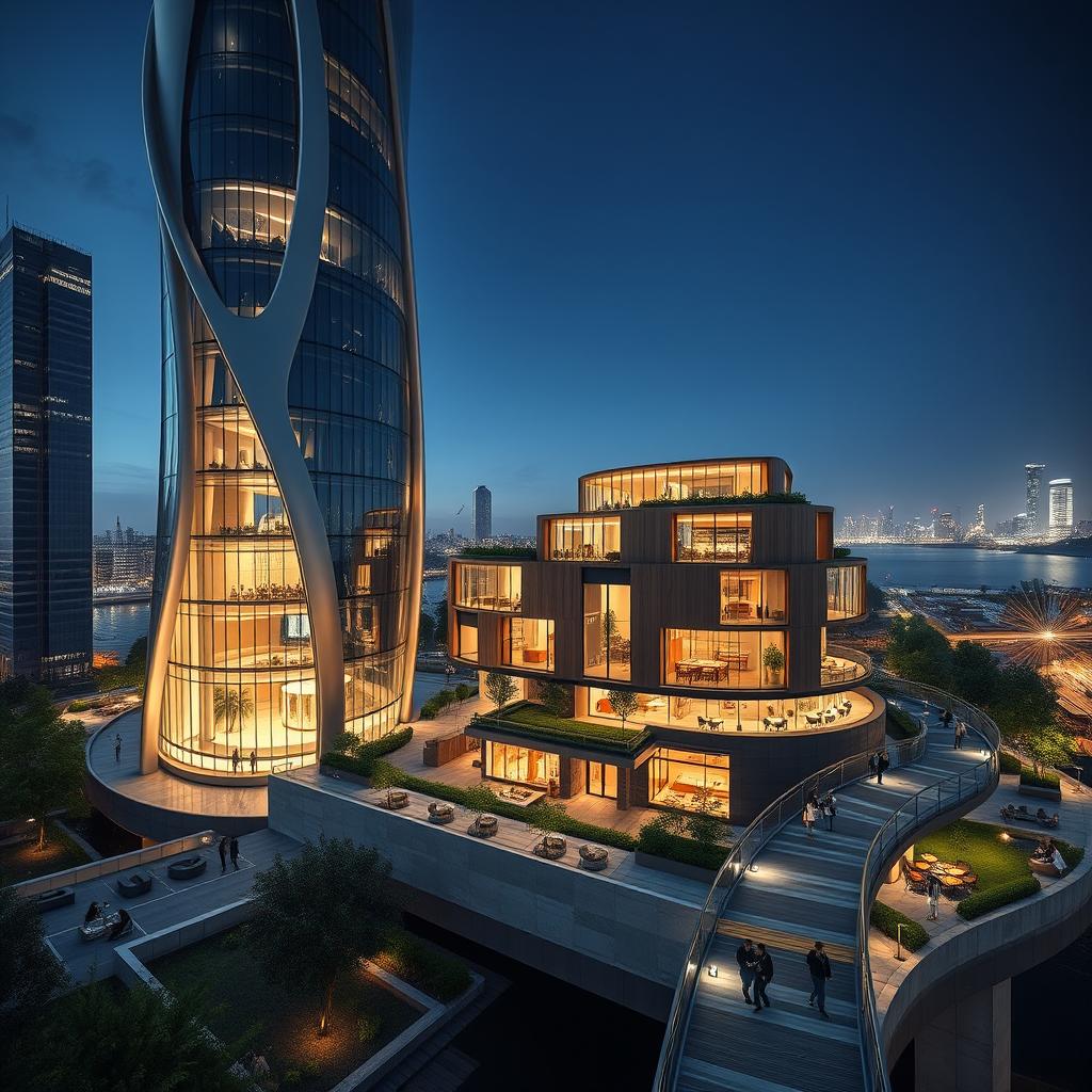 A modern skyscraper with flowing, curved lines prominently positioned beside a river