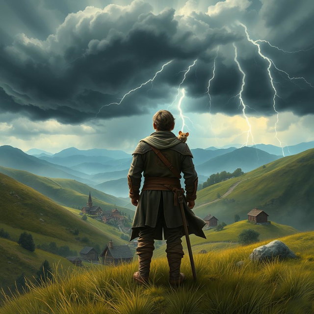 A medieval adventurer standing on a grassy hill, his back facing the viewer