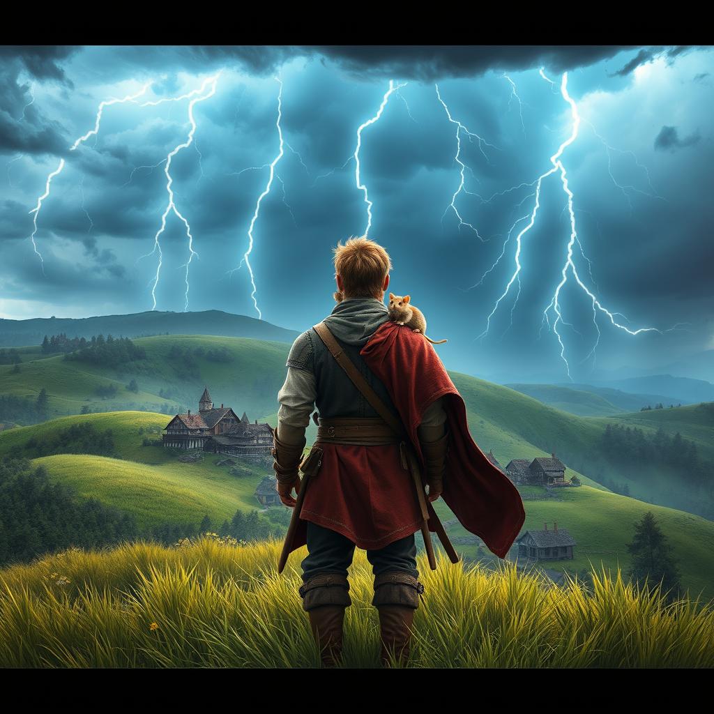 A medieval adventurer standing on a grassy hill, his back facing the viewer