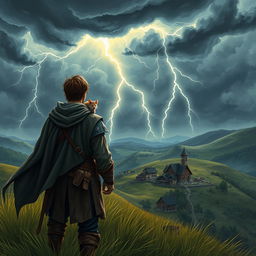 A medieval adventurer standing on a grassy hill, his back facing the viewer