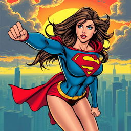 A powerful and heroic depiction of a female superhero, reminiscent of classic comic book styles