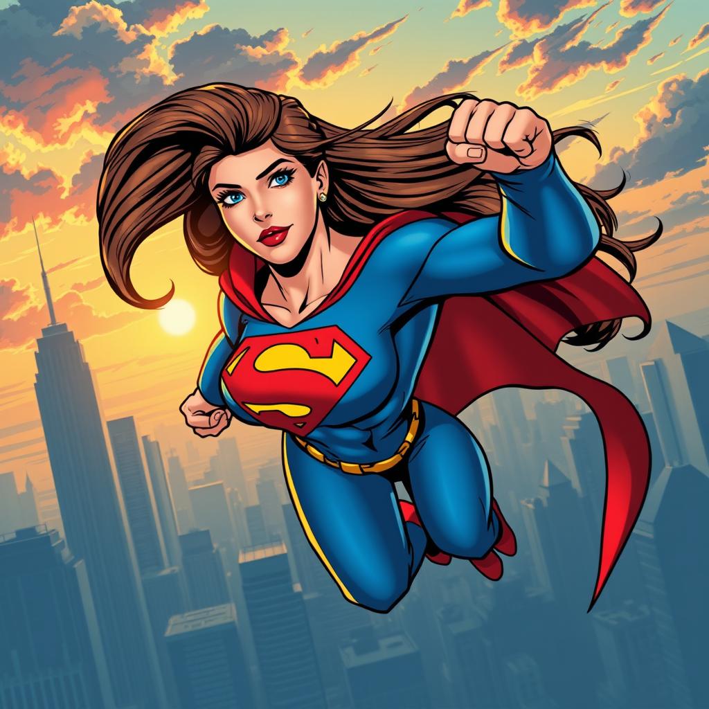 A powerful and heroic depiction of a female superhero, reminiscent of classic comic book styles