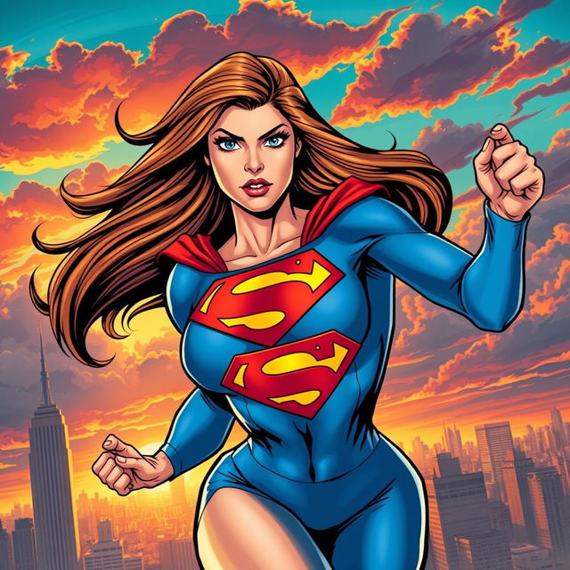 A powerful and heroic depiction of a female superhero, reminiscent of classic comic book styles