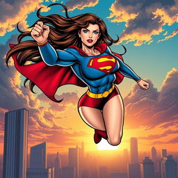 A powerful and heroic depiction of a female superhero, reminiscent of classic comic book styles