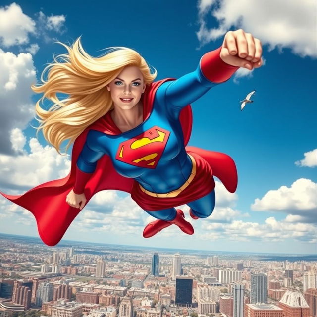 A dynamic and powerful superheroine, inspired by the Supergirl archetype, soaring through the sky with determination