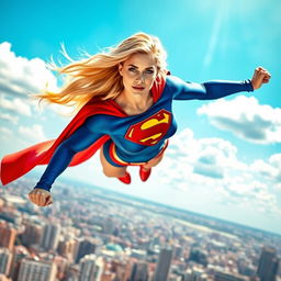 A dynamic and powerful superheroine, inspired by the Supergirl archetype, soaring through the sky with determination