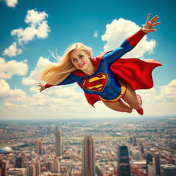 A dynamic and powerful superheroine, inspired by the Supergirl archetype, soaring through the sky with determination