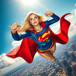 A dynamic and powerful superheroine, inspired by the Supergirl archetype, soaring through the sky with determination