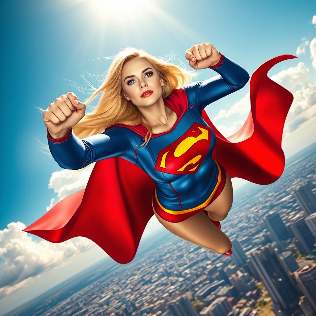 A dynamic and powerful superheroine, inspired by the Supergirl archetype, soaring through the sky with determination